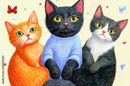 Three cats watching butterflies in a cozy home setting