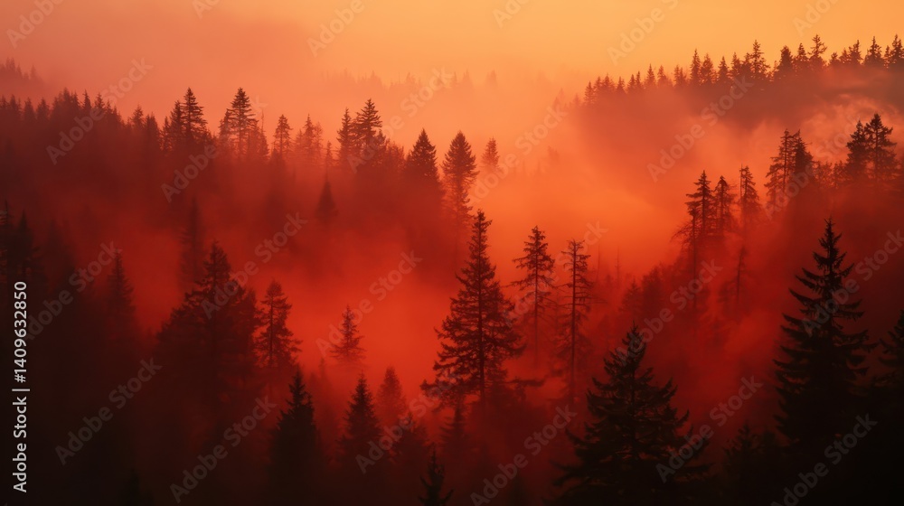 Fototapeta premium Smoky sunrise over a misty mountain forest.