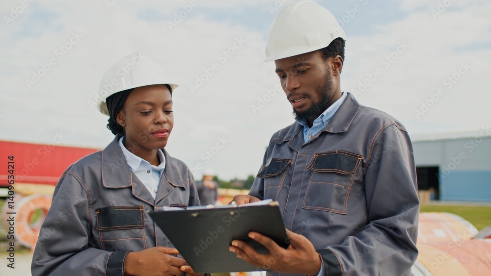 Busy African American workers analysing volume production of industrial goods. Bearded man writing index to clipboard while charming woman helping him with calculations. Teamwork concept. Busy African American workers analysing volume production of industrial goods. Bearded man writing index to clipboard while charming woman helping him with calculations. Teamwork concept.