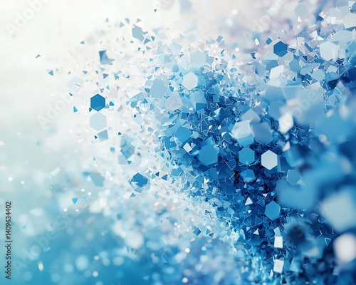 Abstract blue and white geometric explosion of hexagonal particles