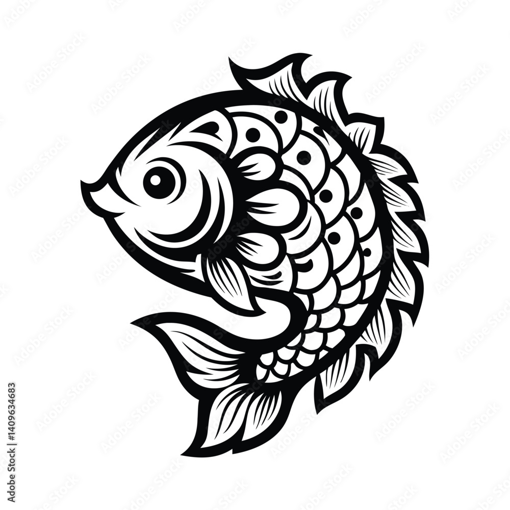 Intricate Monochrome Fish Illustration, Stylized Scales, Flowing Fins, Aquatic Animal Intricate Monochrome Fish Illustration, Stylized Scales, Flowing Fins, Aquatic Animal