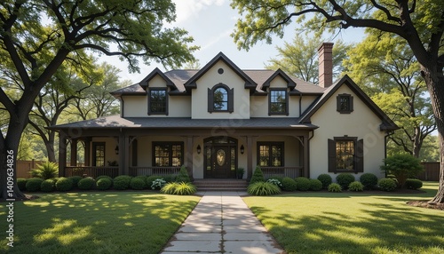 Inviting suburban home with a manicured lawn and porch, framed by mature trees, creating a serene and welcoming atmosphere.