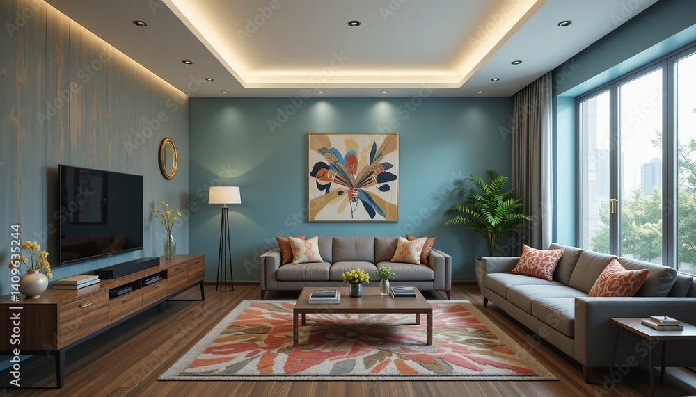 Fototapeta premium Inviting living room with stylish furniture, vibrant art, and hardwood floors creates a warm and comfortable atmosphere for relaxation.