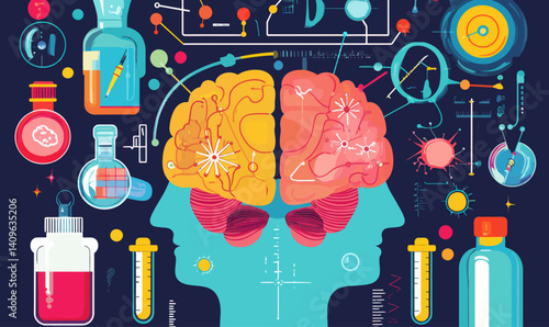 Colorful Brain Chemistry Elements Illustration in Flat Minimalist Vector Style