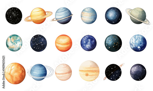 Watercolor Solar System Planets Galaxy Illustration Set with Stars and Planets Clipart