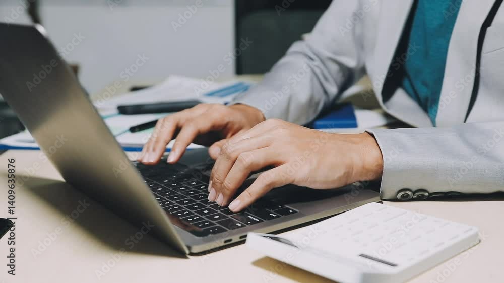 Close up of female hand accountan using a laptop computer and calculator to calculate taxes at desk in the office financial business, calculating accounting online marketing. Close up of female hand accountan using a laptop computer and calculator to calculate taxes at desk in the office financial business, calculating accounting online marketing.