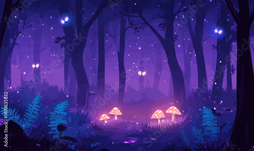 Enchanted Night Forest with Glowing Mushrooms and Fireflies in Mystical Blues and Purples