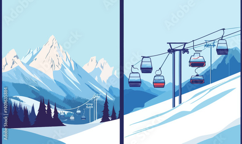 Mountain Ski Resort Winter Adventure Landscape with Ski Lifts and Snowy Peaks Vector Illustration