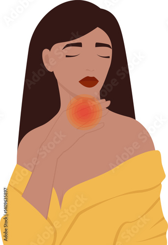 Woman with thyroid disease illustration. Throat cancer concept. Endocrinology disease, cancer and thyroiditis