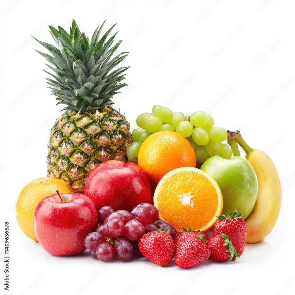 A vibrant assortment of fresh fruits arranged on a bright white surface A vibrant assortment of fresh fruits arranged on a bright white surface