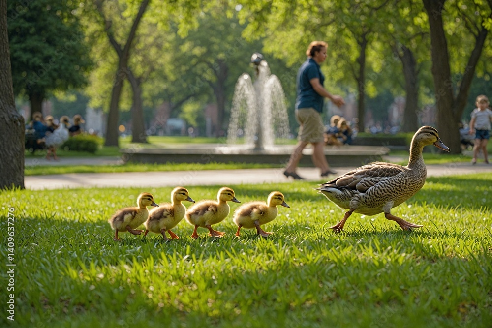 Fototapeta premium Mother Duck Leading Her Adorable Ducklings: A Heartwarming Scene of a Family of Mallards Crossing a Lush Green Lawn in a Park
