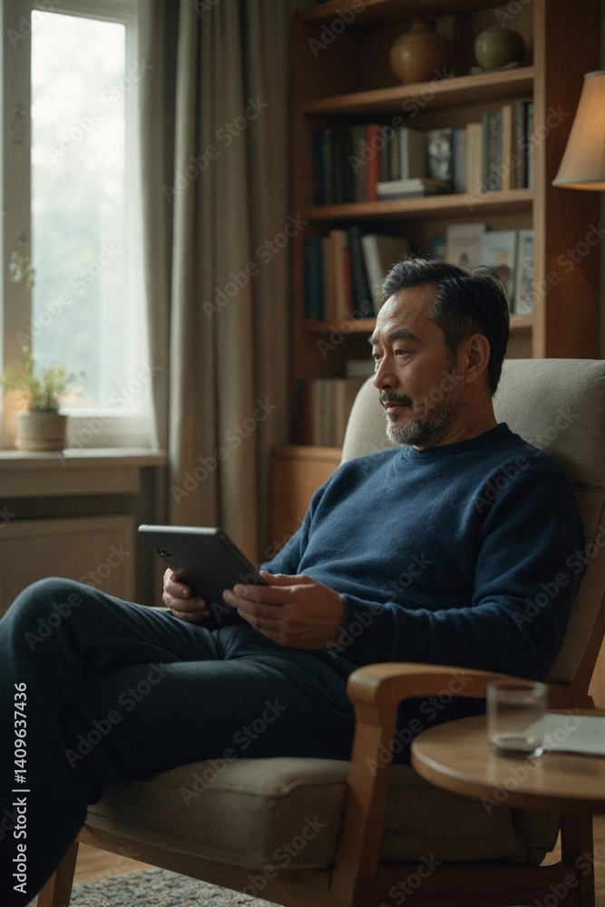Senior Japanese Man Enjoying Leisure Time at Home: Relaxed in an Armchair with a Digital Tablet in a Warm and Inviting Living Space Senior Japanese Man Enjoying Leisure Time at Home: Relaxed in an Armchair with a Digital Tablet in a Warm and Inviting Living Space