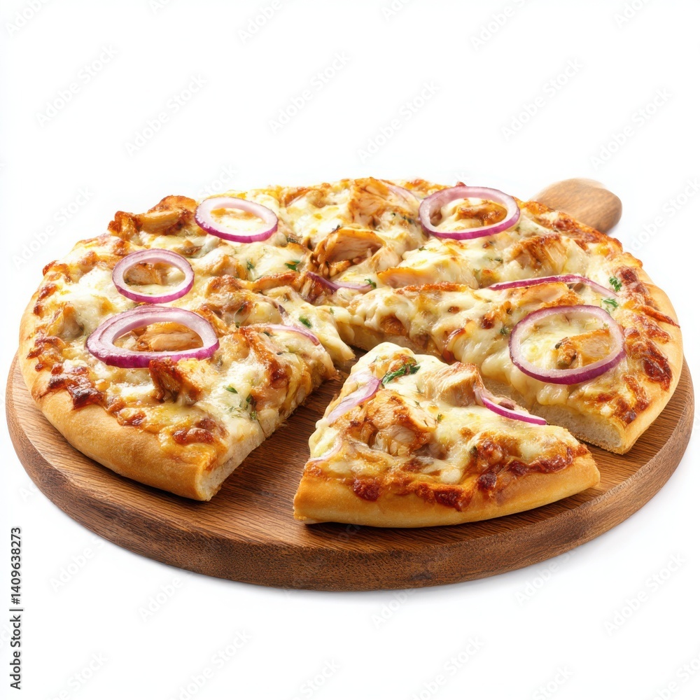 Delicious pizza with chicken and onion rings on a wooden cutting board view Delicious pizza with chicken and onion rings on a wooden cutting board view