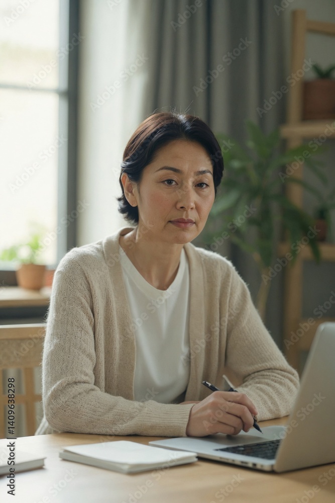Serene Middle-Aged Japanese Woman Working on a Laptop at a Bright Wooden Desk: Concept of Remote Work and Comfortable Home Office Serene Middle-Aged Japanese Woman Working on a Laptop at a Bright Wooden Desk: Concept of Remote Work and Comfortable Home Office
