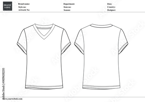 V neck T shirt shirt Technical Fashion flat sketch vector illustration template front and back views. Clothing design mock up for ladies