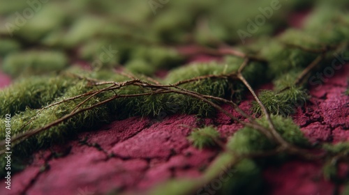 Lush green moss weaves through cracks in vivid red earth, contrasting nature’s vibrant palette with textures of resilience and growth.