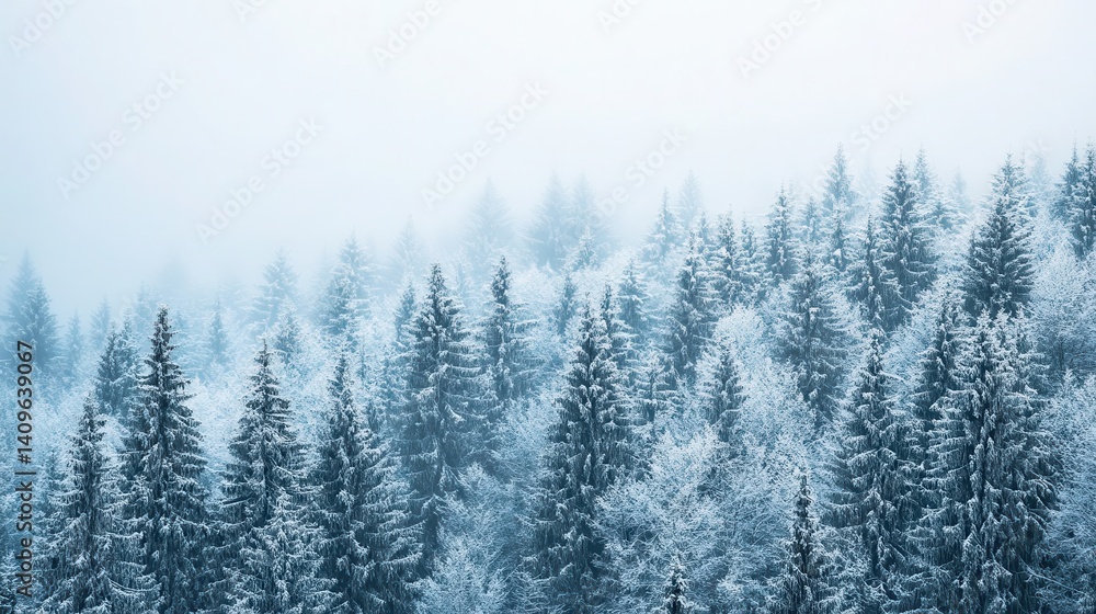 Snowy, frosted evergreen forest under a hazy sky.