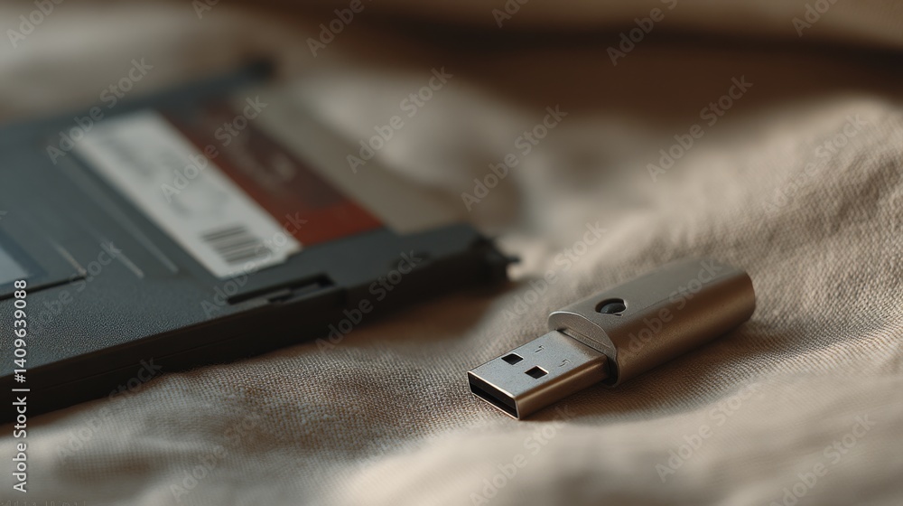 A USB drive and an old floppy disk rest on a soft surface, juxtaposing technology from different eras. A USB drive and an old floppy disk rest on a soft surface, juxtaposing technology from different eras.