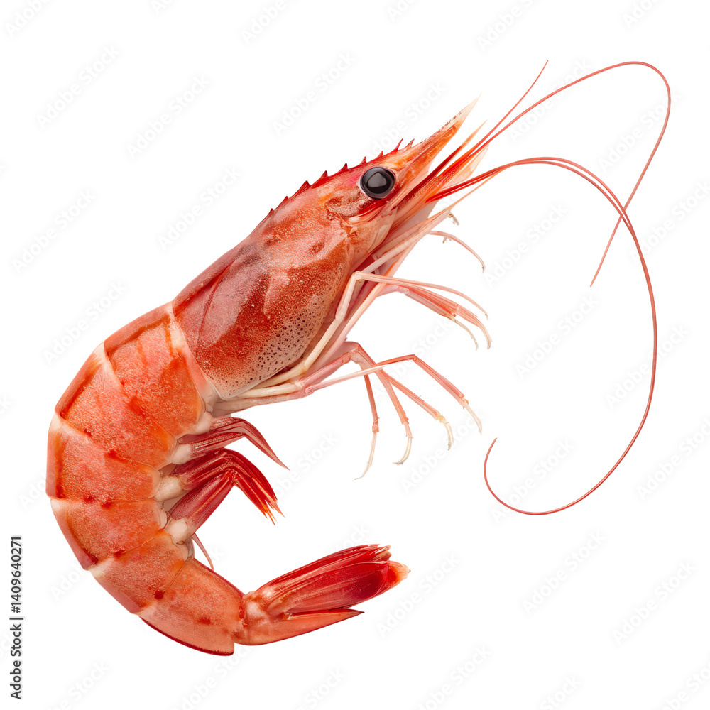 A shrimp is shown in a white background. The shrimp is red and has a long tail. The shrimp is the main focus of the image