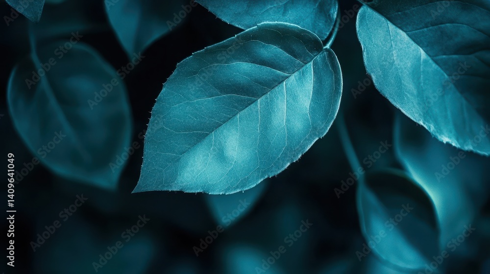 Obraz premium Deep teal leaves, a close-up botanical study.