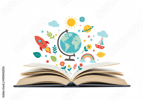 A whimsical journey through an open book, filled with colorful illustrations of a globe, rocket, ship, and more, symbolizing adventure, exploration, and the joy of reading. - World Book Day