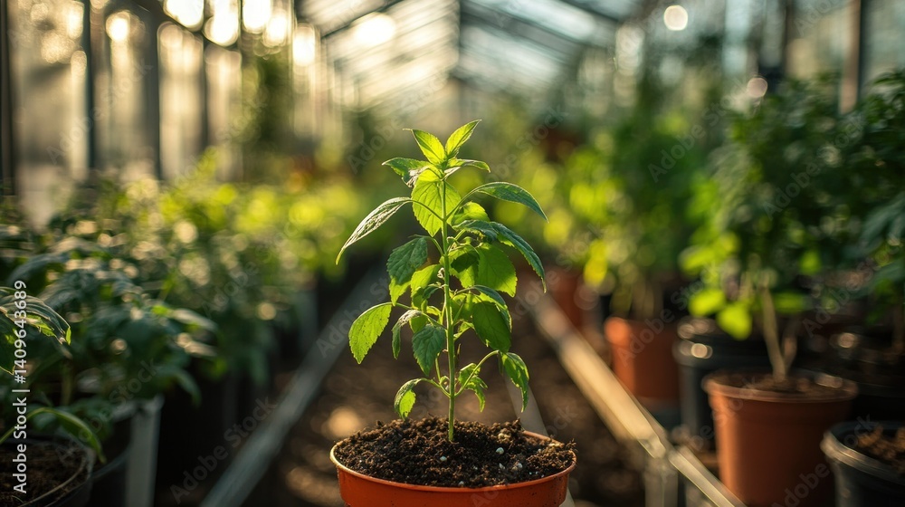 Illuminated sprout in container standing amidst verdant greenhouse flora cultivating growth and serenity under the soft glow of diffused sunlight Illuminated sprout in container standing amidst verdant greenhouse flora cultivating growth and serenity under the soft glow of diffused sunlight
