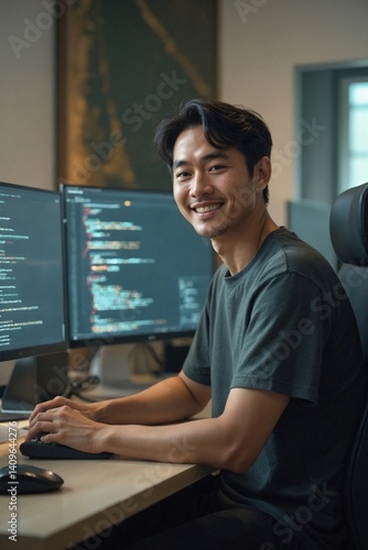 Happy Young Japanese Software Developer in His Thirties Smiling at His Desk with Multiple Computer Screens Displaying Code