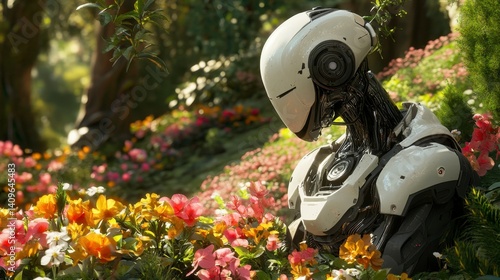 Wallpaper Mural White robot amidst vibrant flowers in a sunlit forest, serene atmosphere. Torontodigital.ca
