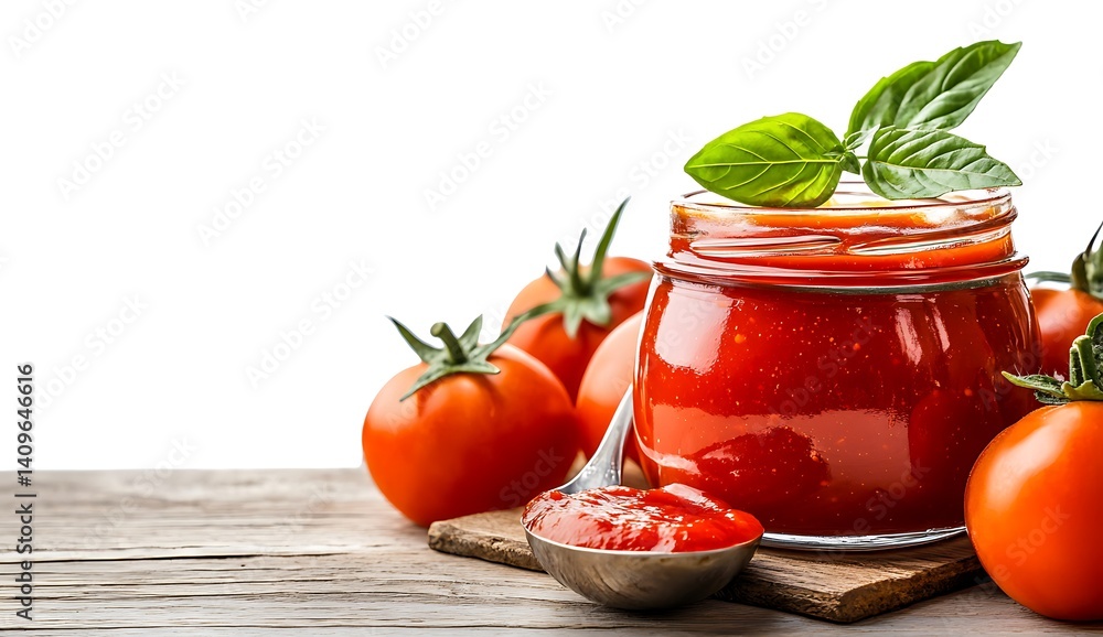 A spoonful of tomato ketchup being poured into an empty glass jar on a wooden table A spoonful of tomato ketchup being poured into an empty glass jar on a wooden table