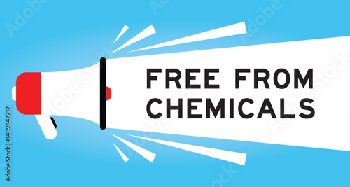 Color megaphone icon with word free from chemicals in white banner on blue background