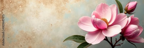 Delicate magnolia petals, full peonies, muted tones, aged paper backdrop, elegant, floral
