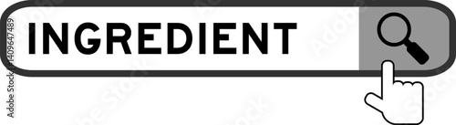 Search banner in word ingredient with hand over magnifier icon on white background