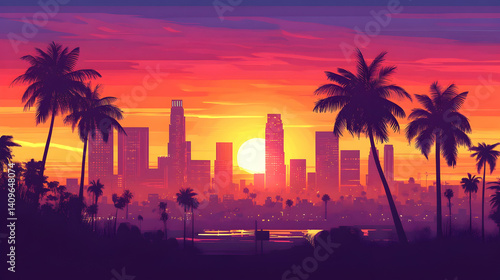 Sunset skyline with palm trees silhouetted against vibrant skyscrapers
