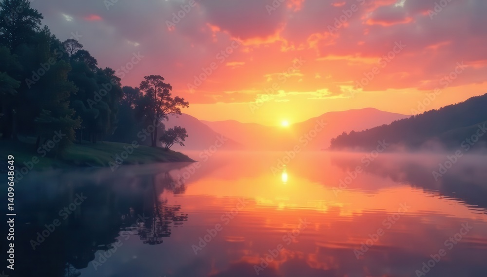 Obraz premium Misty sunrise over calm lake, reflections shimmering , tranquil, serene, landscape