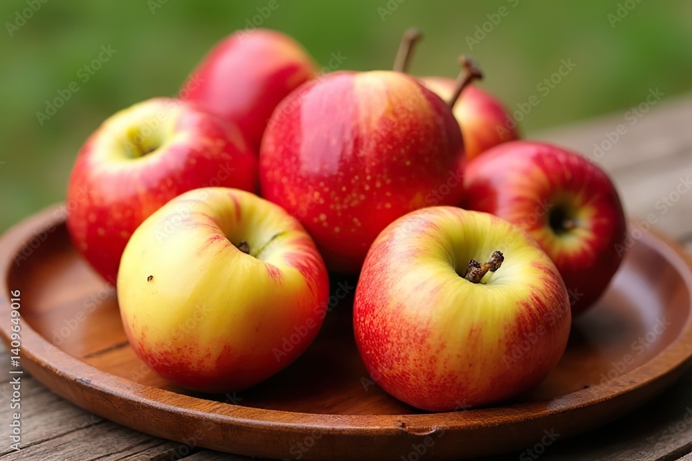 Fresh red apples displayed on wooden plate in natural setting captivating food photography close-up view Fresh red apples displayed on wooden plate in natural setting captivating food photography close-up view