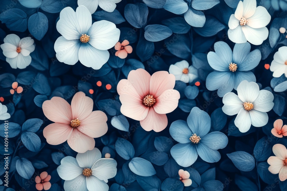 Pink and blue flowers create a beautiful contrast against a backdrop of dark green leaves Pink and blue flowers create a beautiful contrast against a backdrop of dark green leaves