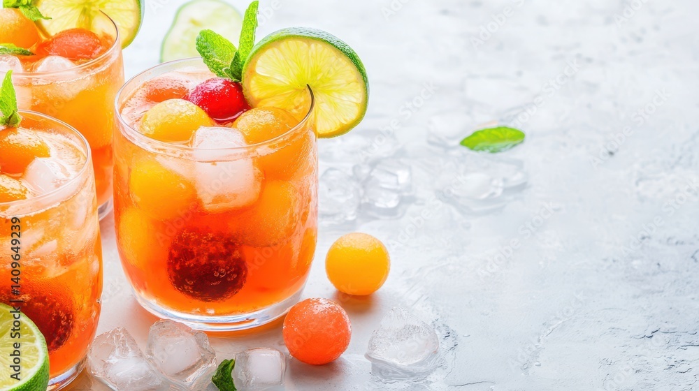 Refreshing Melon Cocktail: Three glasses filled with a vibrant melon cocktail, garnished with lime wedges, melon balls, and fresh mint leaves, sit on a textured surface. Refreshing Melon Cocktail: Three glasses filled with a vibrant melon cocktail, garnished with lime wedges, melon balls, and fresh mint leaves, sit on a textured surface.