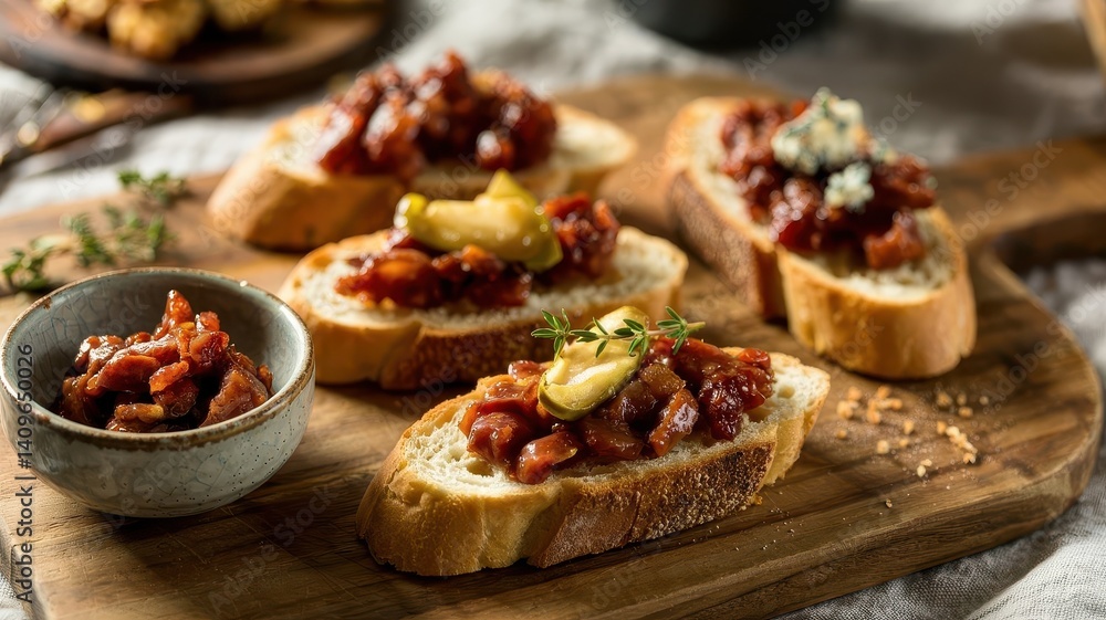 Bacon jam crostini appetizers with various gourmet toppings including fresh thyme, caramelized apple, and blue cheese on rustic wooden board with extra spread in ceramic bowl Bacon jam crostini appetizers with various gourmet toppings including fresh thyme, caramelized apple, and blue cheese on rustic wooden board with extra spread in ceramic bowl
