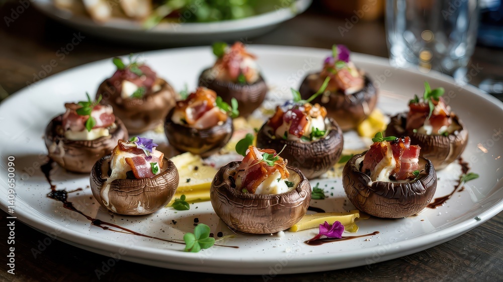 Bacon stuffed cremini mushrooms on white ceramic platter with microgreens, edible flowers, balsamic reduction drizzle, marbled filling texture, upscale presentation Bacon stuffed cremini mushrooms on white ceramic platter with microgreens, edible flowers, balsamic reduction drizzle, marbled filling texture, upscale presentation