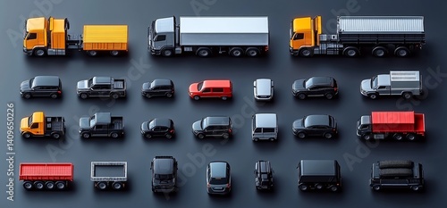 Car & Truck Fleet Lay Flat on Grey Backdrop for Transport/Logistics Use