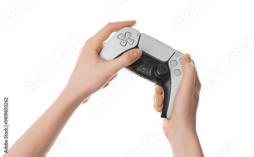 Wallpaper Mural Woman with wireless game controller on white background, closeup Torontodigital.ca