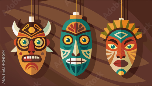 Hanging on the wall is a set of intricately carved wooden ss each one featuring a unique design representing different indigenous cultures from Latin America.. Vector illustration