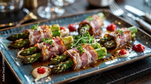 Bacon wrapped asparagus in tapas-style presentation with microgreens, red pepper coulis and toasted pine nuts on rectangular ceramic plate, golden hour lighting