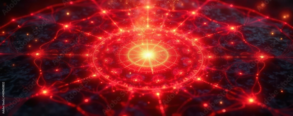 Obraz premium Fiery red mandala, root chakra energy swirling, glowing, vibrant, texture, focus, willpower