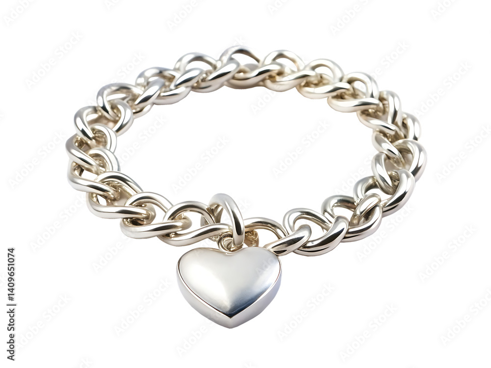 Obraz premium Silver chain bracelet with a heart charm isolated on white background PNG