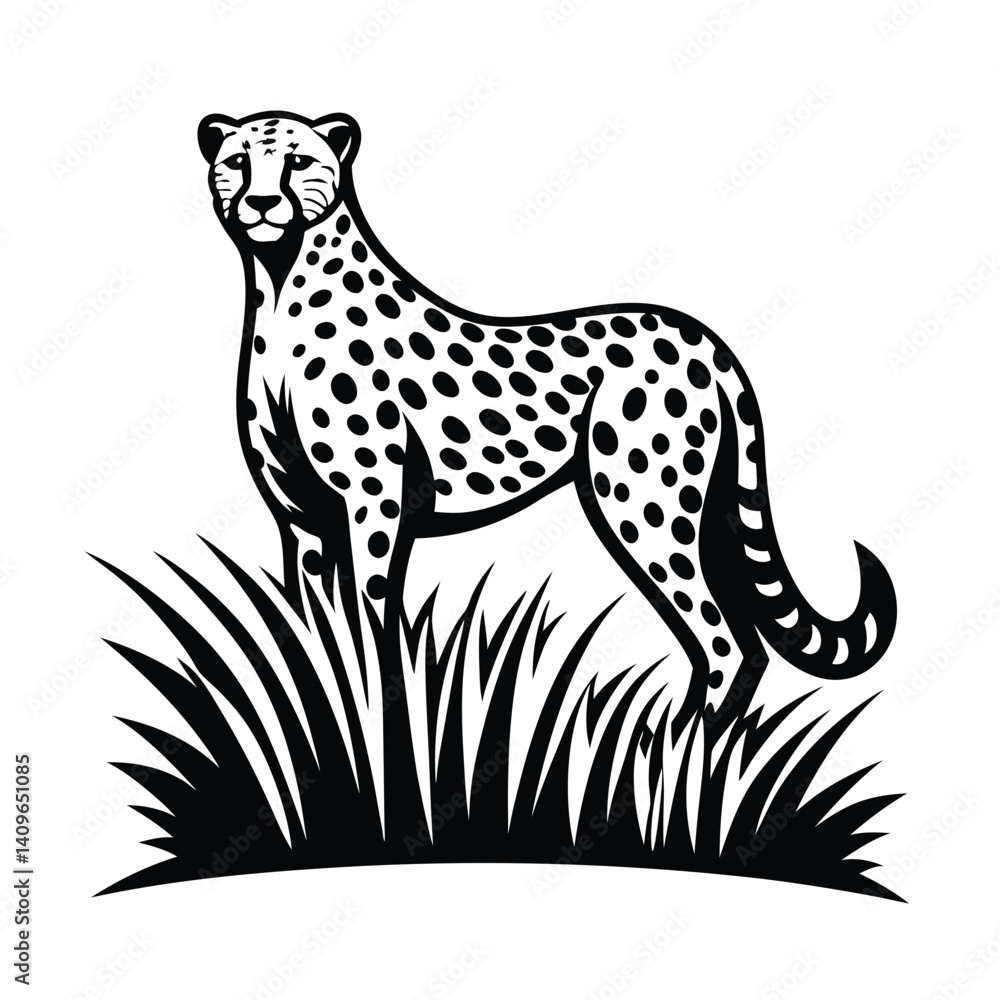 Fototapeta premium Silhouette Cheetah Standing Tall in Grass Patch, Black and White Wild Animal