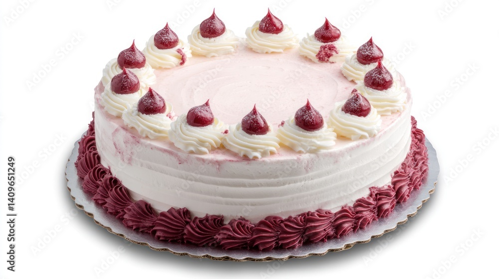 tempting vanilla cake adorned with swirls of buttercream frosting and glistening cherry toppings against a bright neutral backdrop tempting vanilla cake adorned with swirls of buttercream frosting and glistening cherry toppings against a bright neutral backdrop