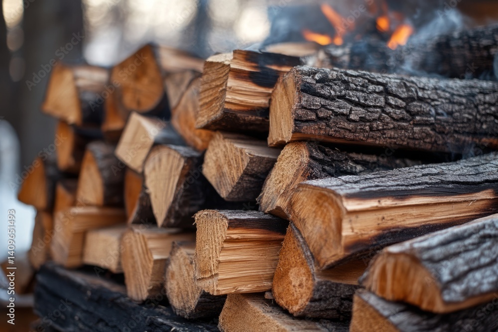 Firewood burning and slowly consuming stacked logs in a winter landscape Firewood burning and slowly consuming stacked logs in a winter landscape