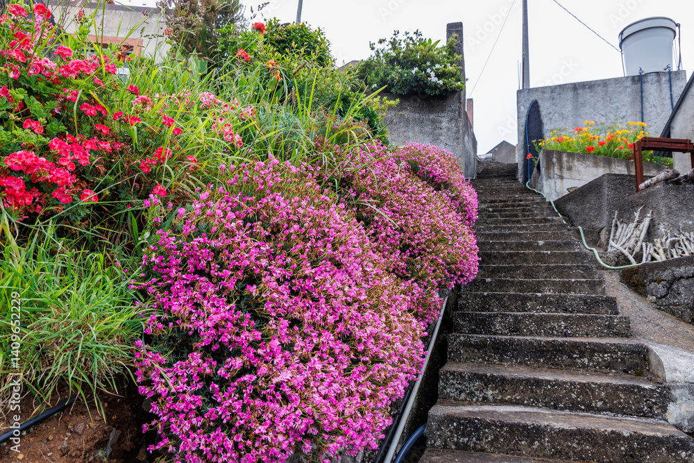 Stairs in Camacha mountainous town in municipality of Santa Cruz, Madeira Island, Portugal