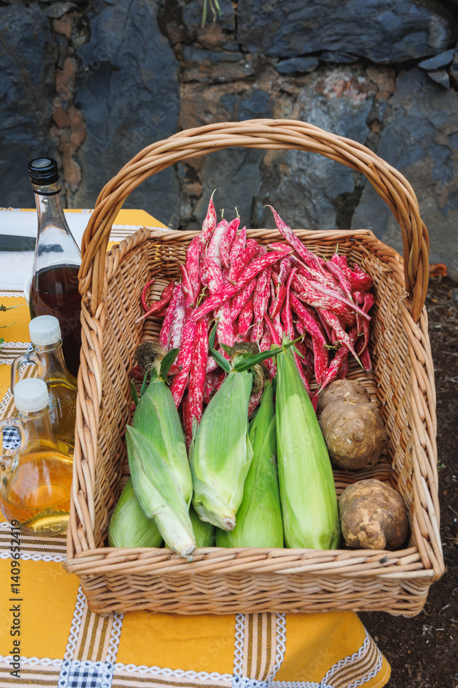 Cranberry bean, maize and potatoes in Camacha mountainous town in municipality of Santa Cruz, Madeira Island, Portugal